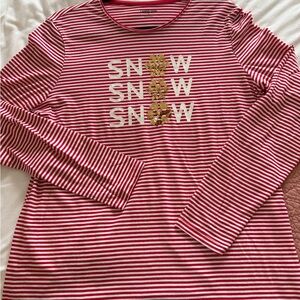 Lands' End Red and White Striped Long Sleeve Tee Snow snow snow with snowflake